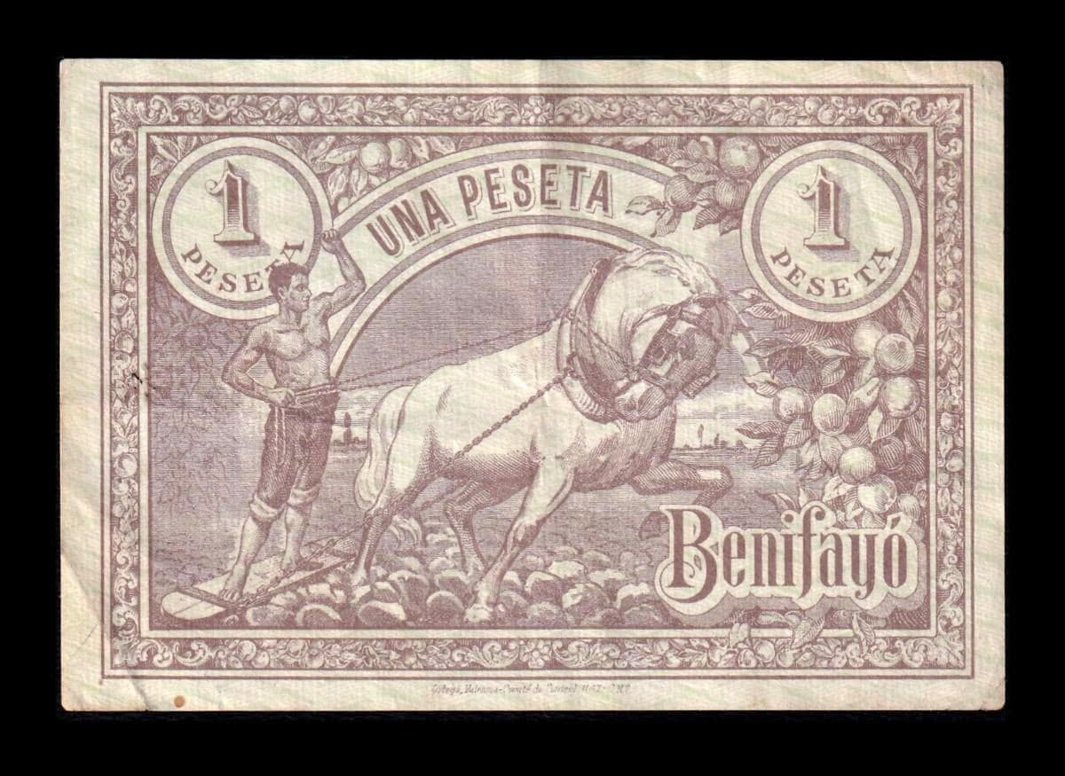 Alternative view of España Billete local - Guerra Civil Benifayó Valencia 1 Peseta 1936 Mbc Vf