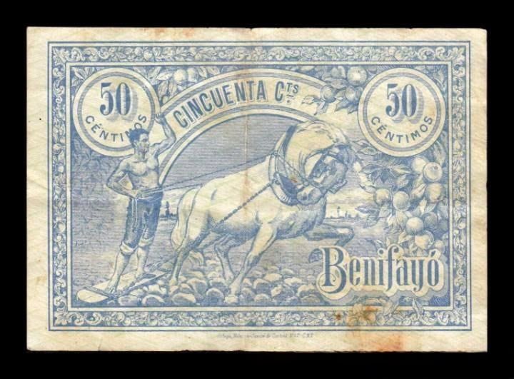 Alternative view of España Billete local - Guerra Civil Benifayó Valencia 50 Céntimos 1936 Mbc Vf