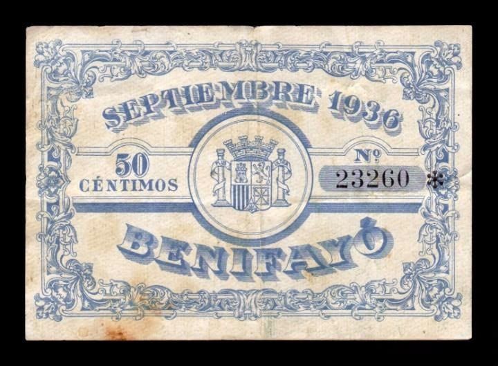 España Billete local - Guerra Civil Benifayó Valencia 50 Céntimos 1936 Mbc Vf