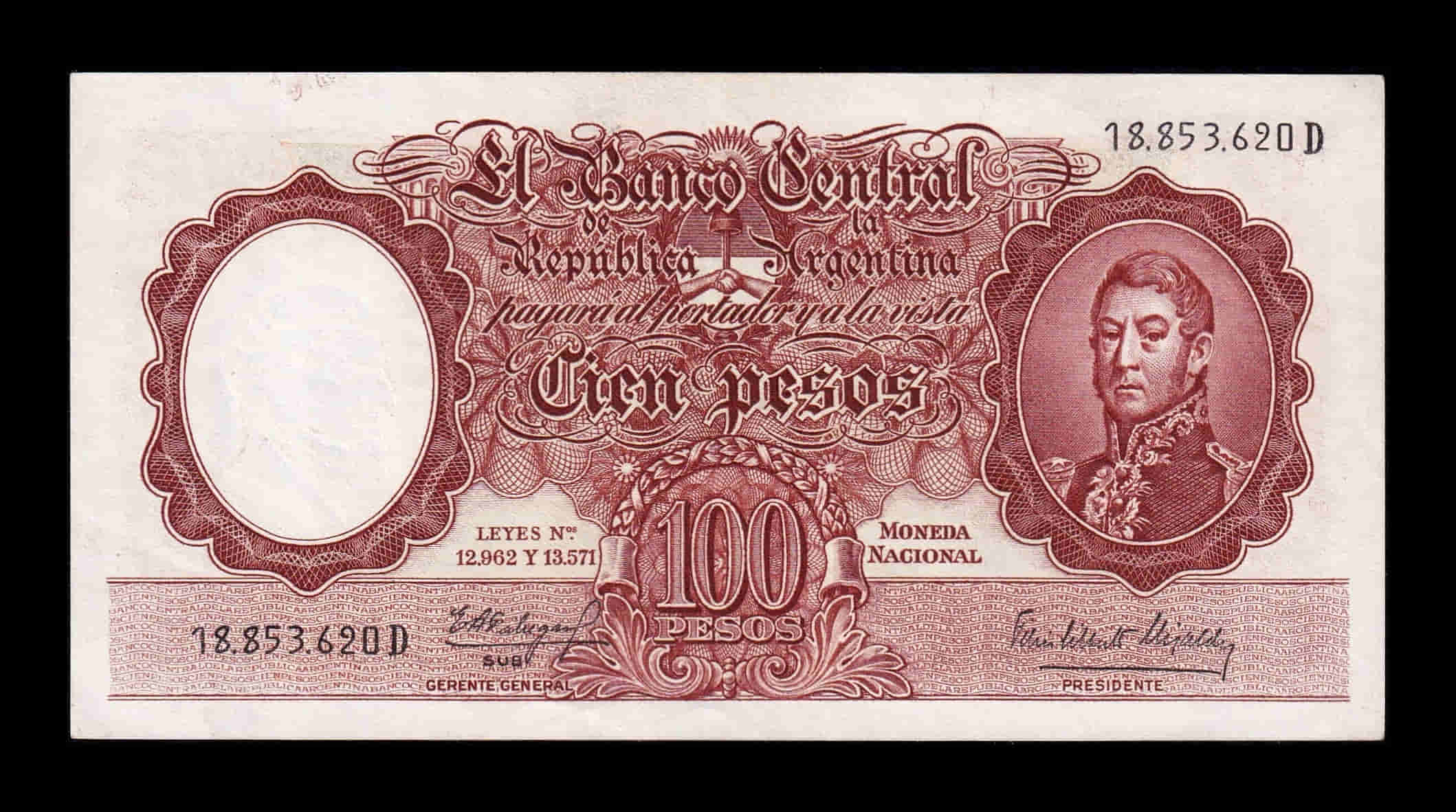 Argentina 100 Pesos General José de San Martín 1957-1967 Pick 272(7) Sc- aUnc