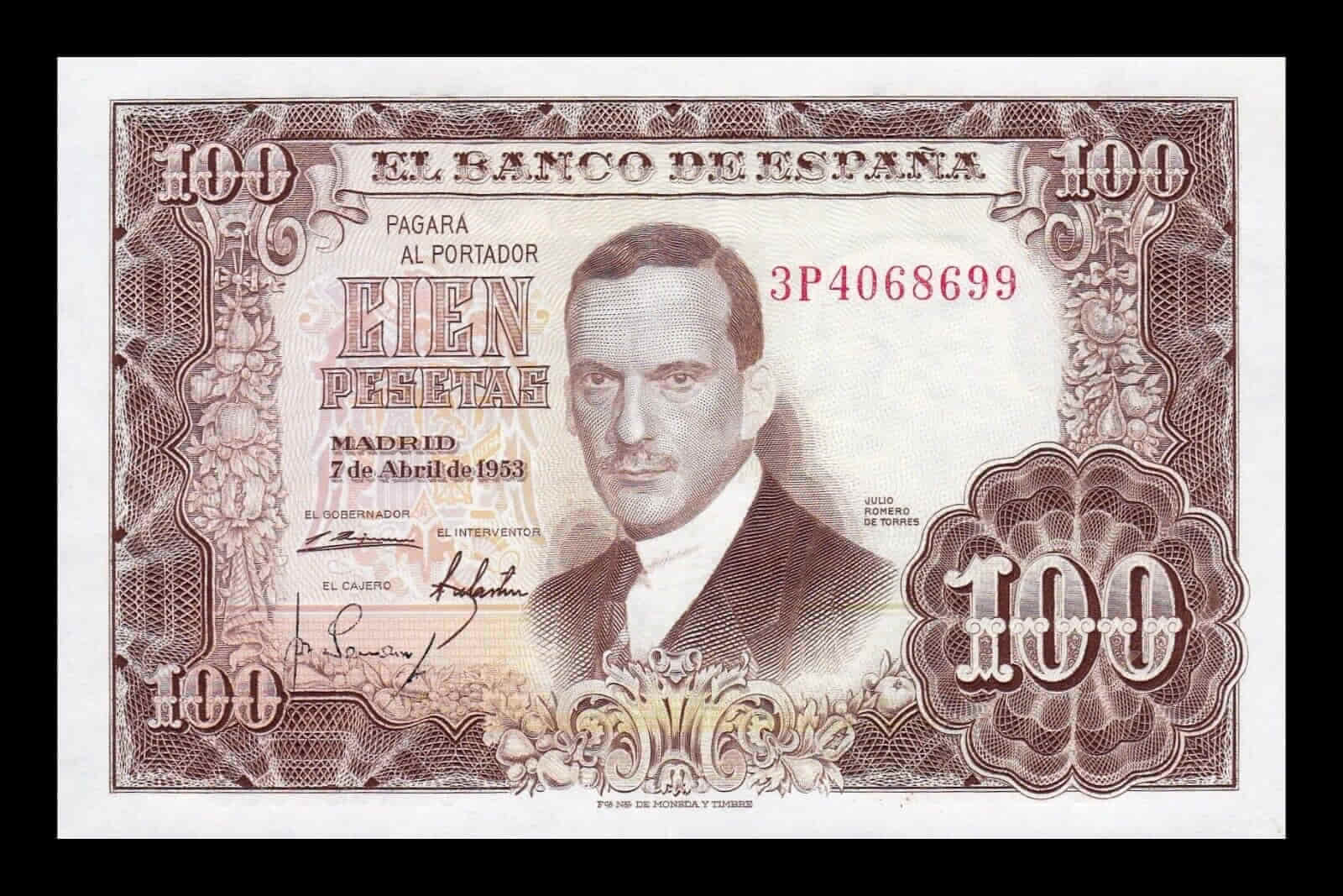 España 100 Pesetas J. Romero de Torres 1953 Pick 145 Serie 3P Sc Unc