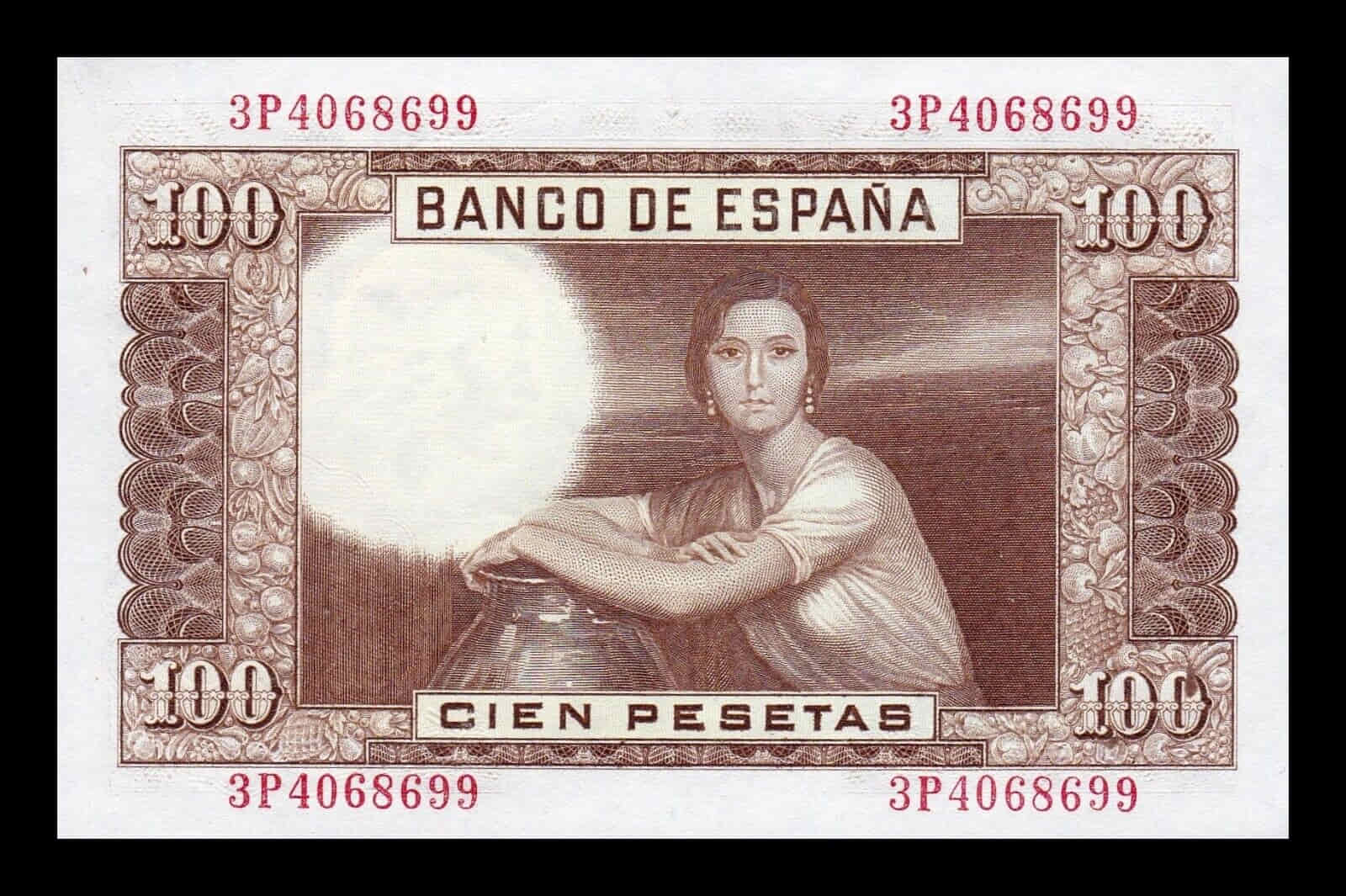 Alternative view of España 100 Pesetas J. Romero de Torres 1953 Pick 145 Serie 3P Sc Unc