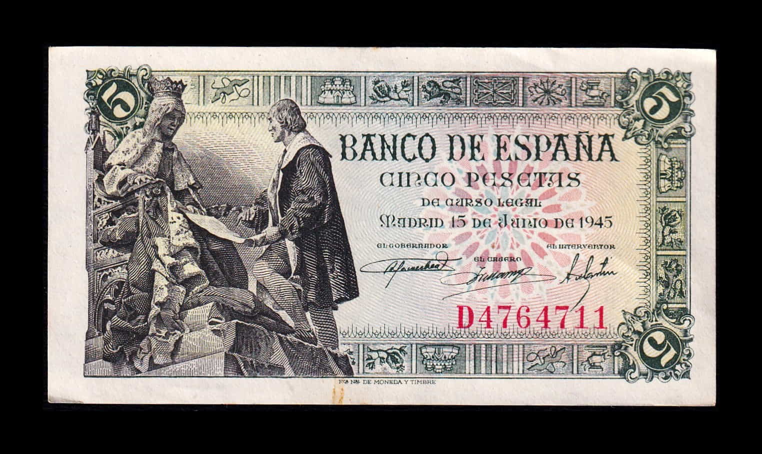 España 5 Pesetas Capitulaciones 1945 Pick 129a Serie D Ebc/+ Xf/+