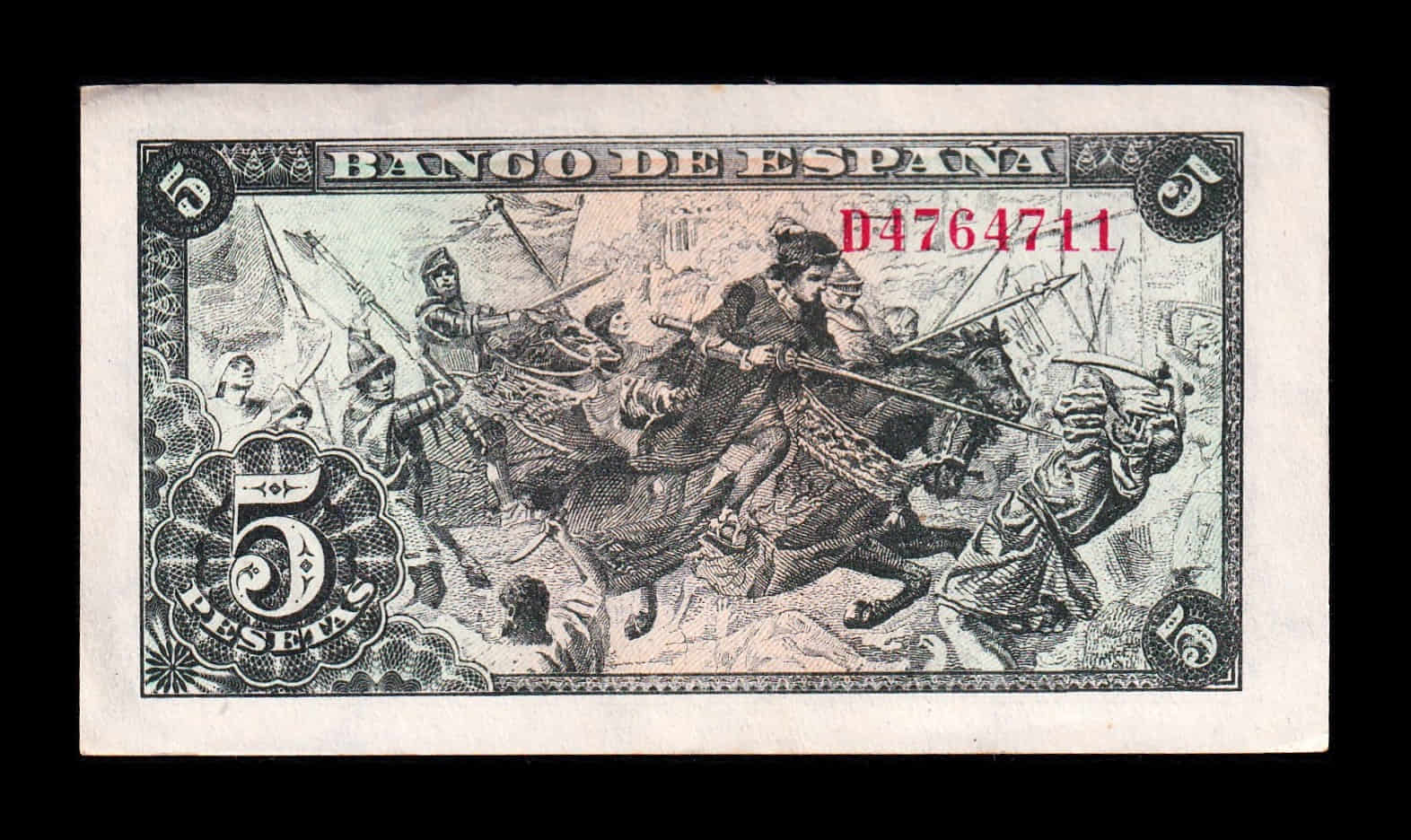 Alternative view of España 5 Pesetas Capitulaciones 1945 Pick 129a Serie D Ebc/+ Xf/+