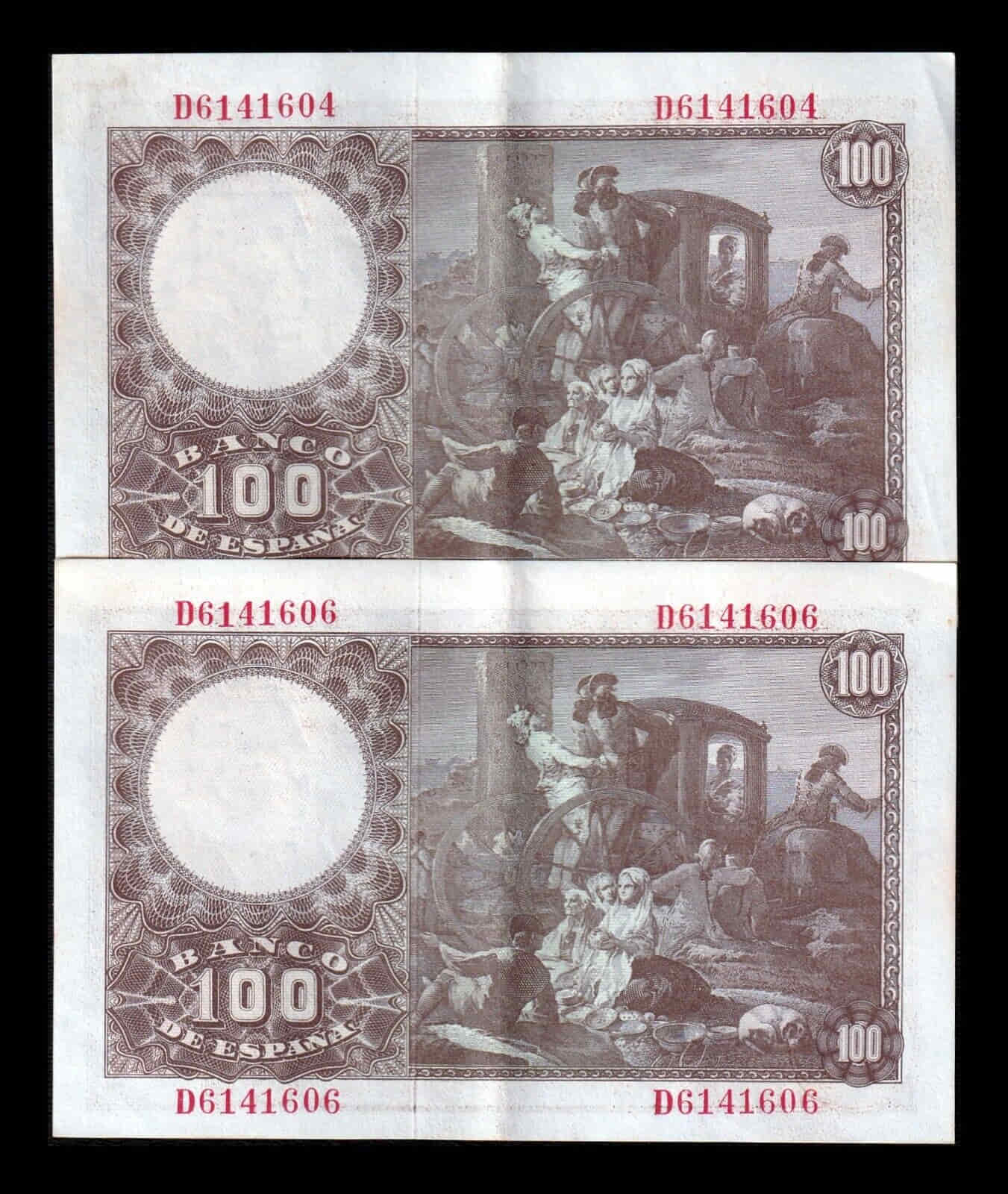 Alternative view of España Pareja de pares 100 Pesetas Fco. Bayeu 1948 Pick 137 Serie D Ebc Xf