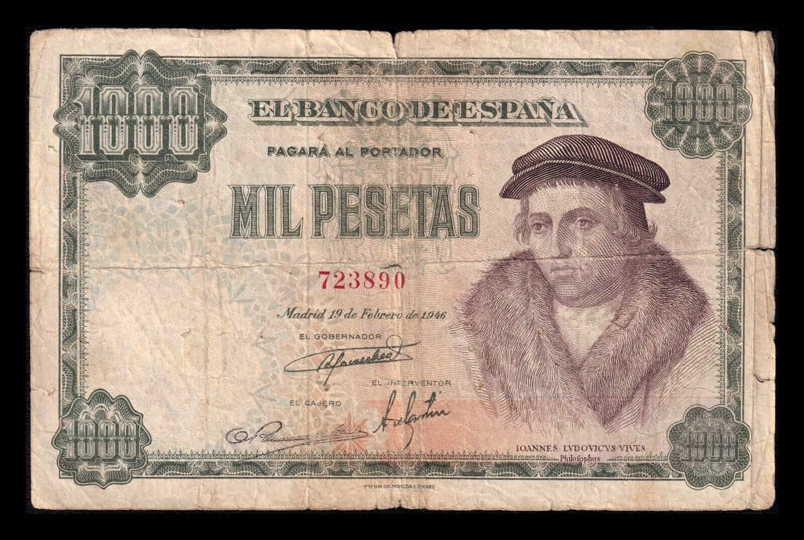 España 1000 Pesetas Luis Vives 1946 Pick 133 Sin Serie Bc F