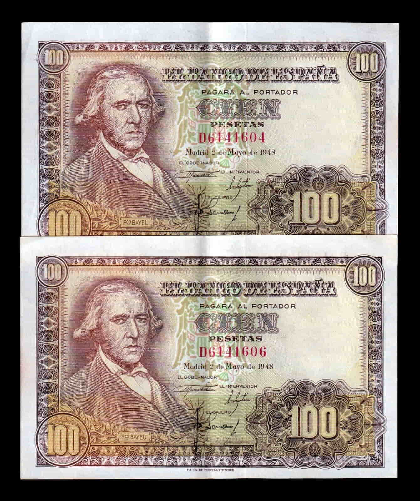 España Pareja de pares 100 Pesetas Fco. Bayeu 1948 Pick 137 Serie D Ebc Xf