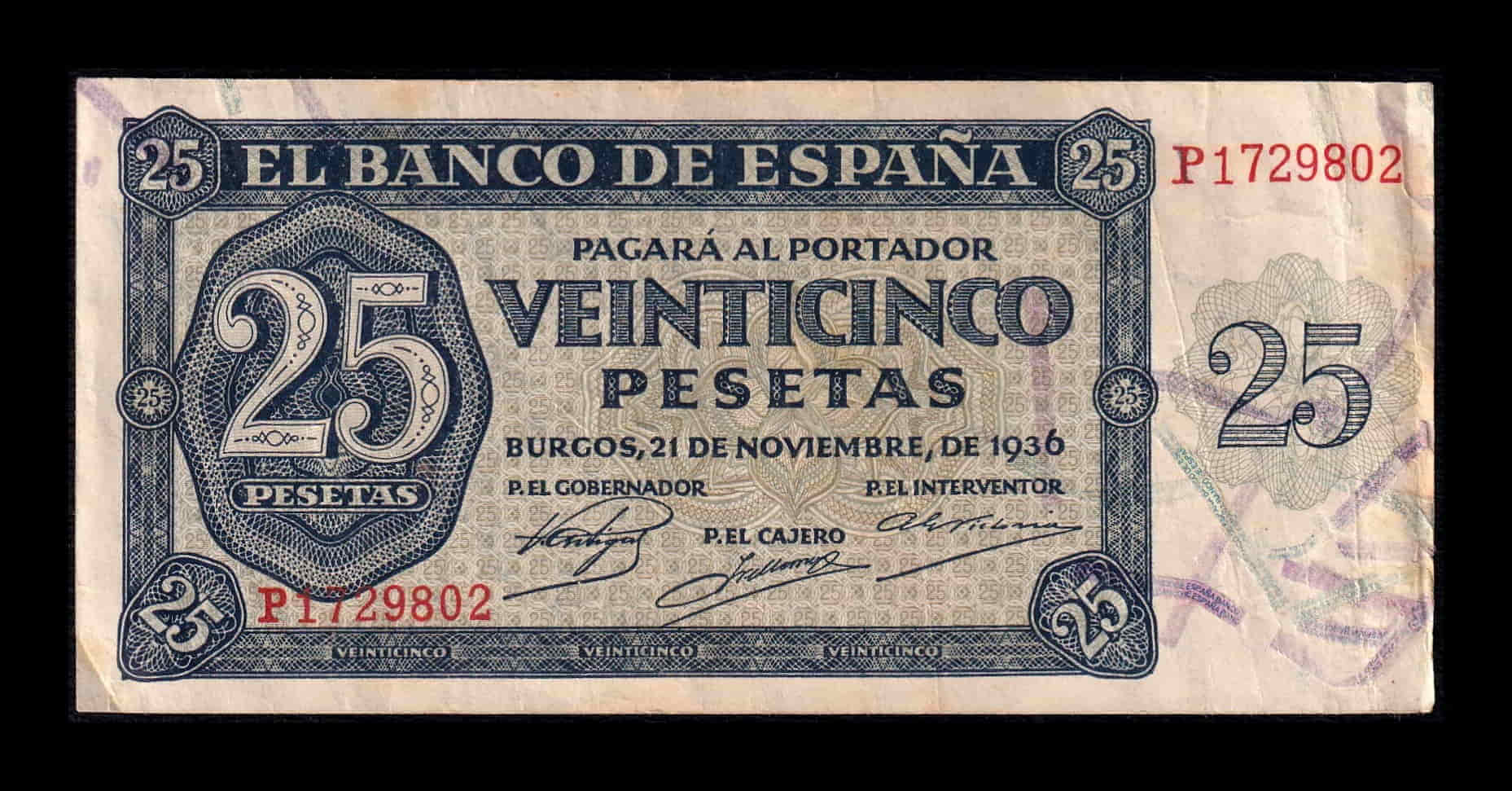 España 25 Pesetas Burgos 1936 Pick 99 Serie P Mbc Vf