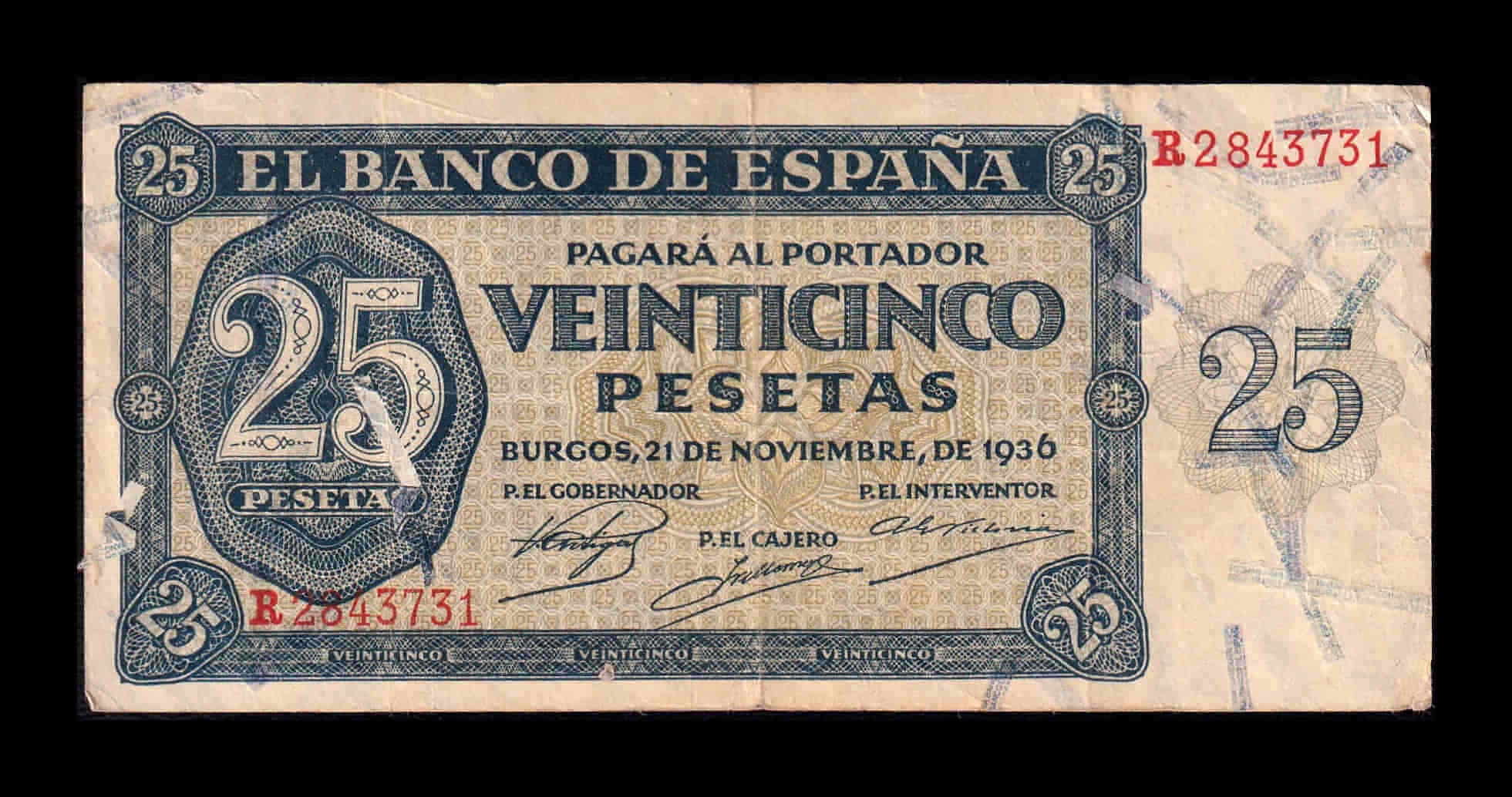 España 25 Pesetas Burgos 1936 Pick 99 Serie R Mbc Vf