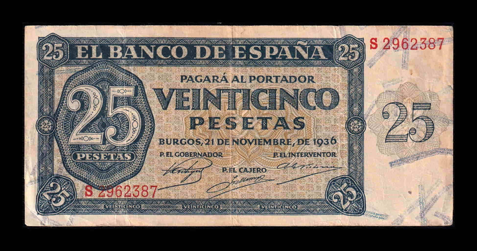 España 25 Pesetas Burgos 1936 Pick 99 Serie S Mbc Vf
