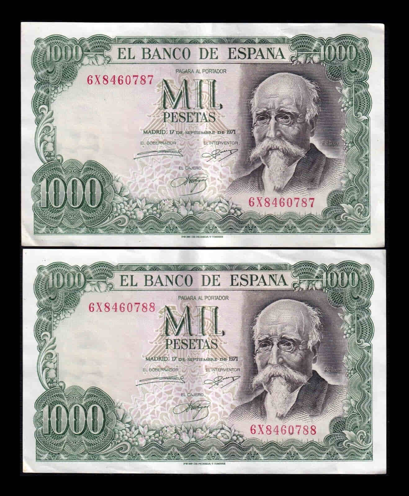 España Pareja Correlativa 1000 Pesetas José Echegaray 1971 Pick 154 Serie 6X Ebc Xf