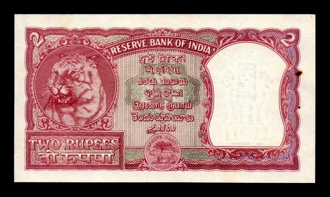 Alternative view of India 2 Rupias 1949- 1957 Pick 28 Firma 72 Sc- aUnc