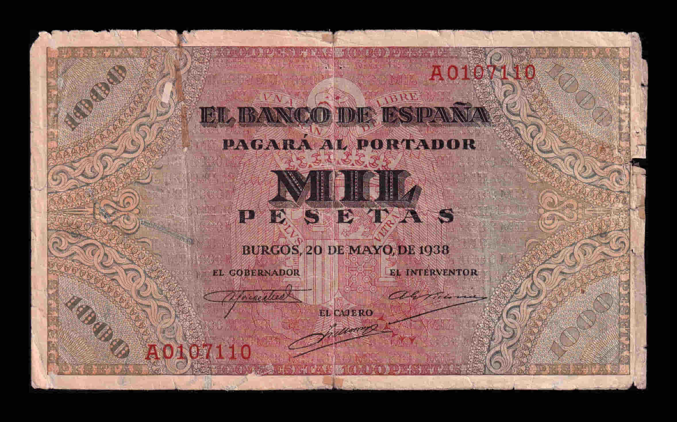 España 1000 Pesetas Burgos 1938 Pick 115 Serie A Bc/+ F/+