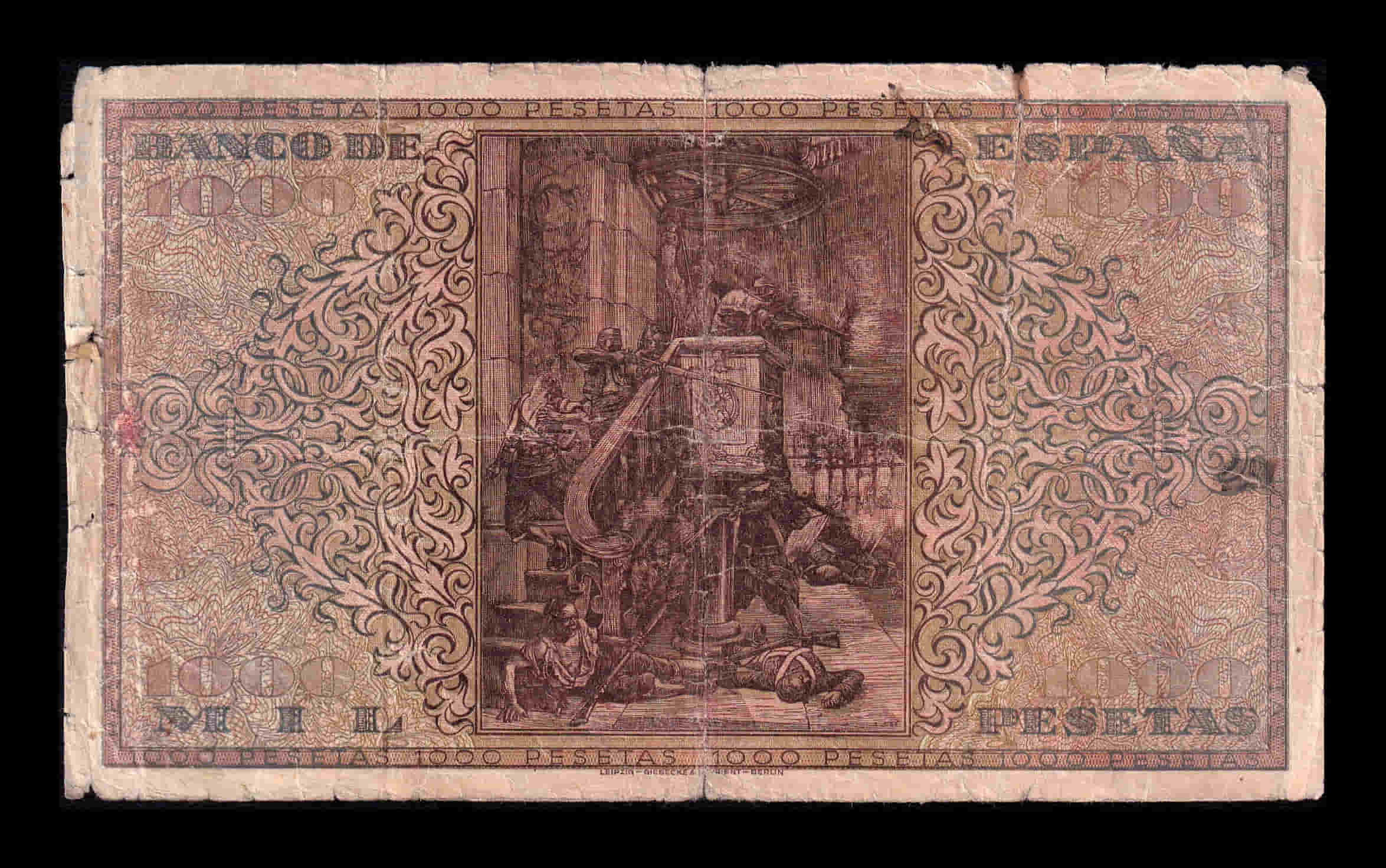 Alternative view of España 1000 Pesetas Burgos 1938 Pick 115 Serie A Bc/+ F/+