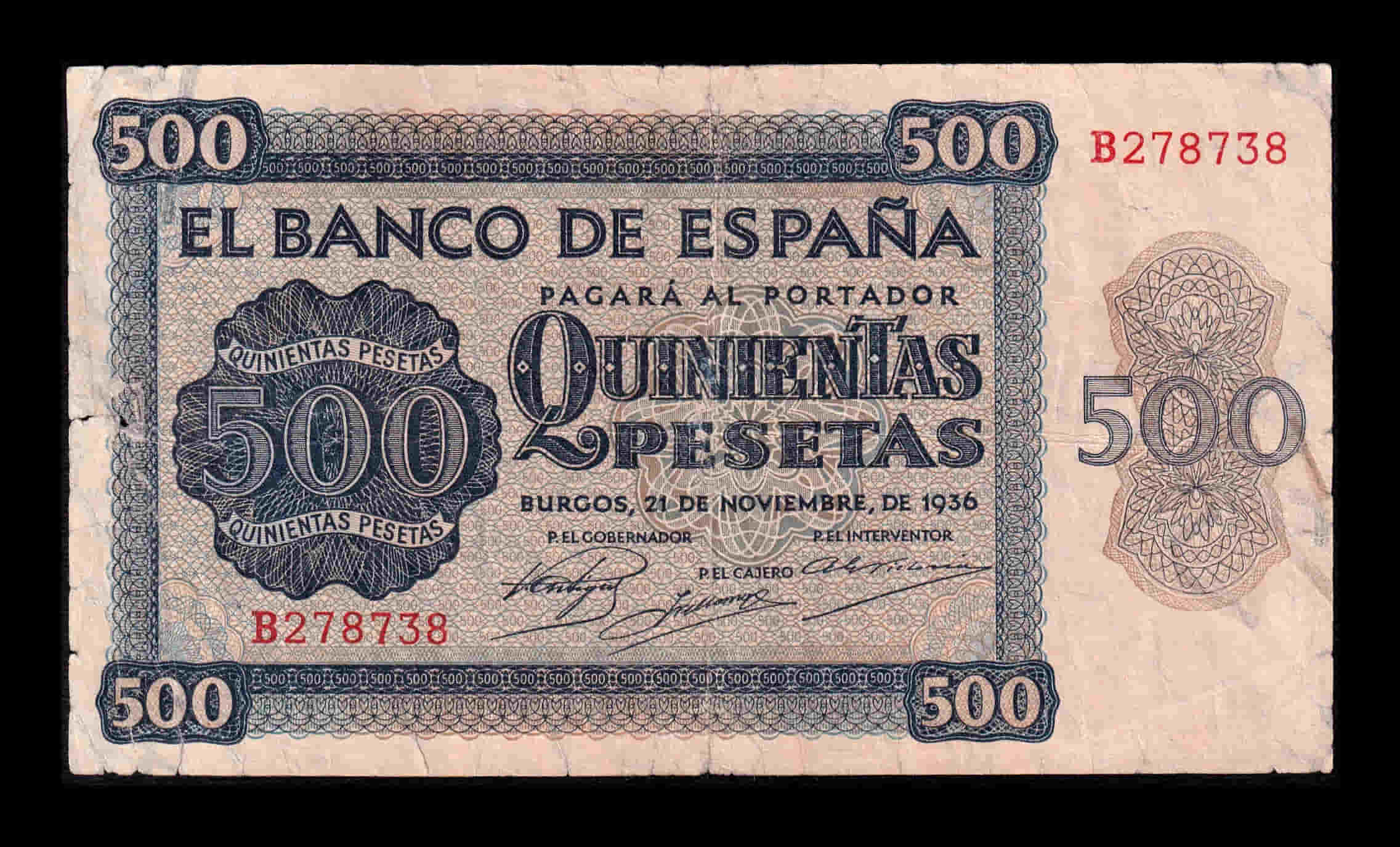 España Spain 500 Pesetas Burgos 1936 Pick 102 Serie B Bc F