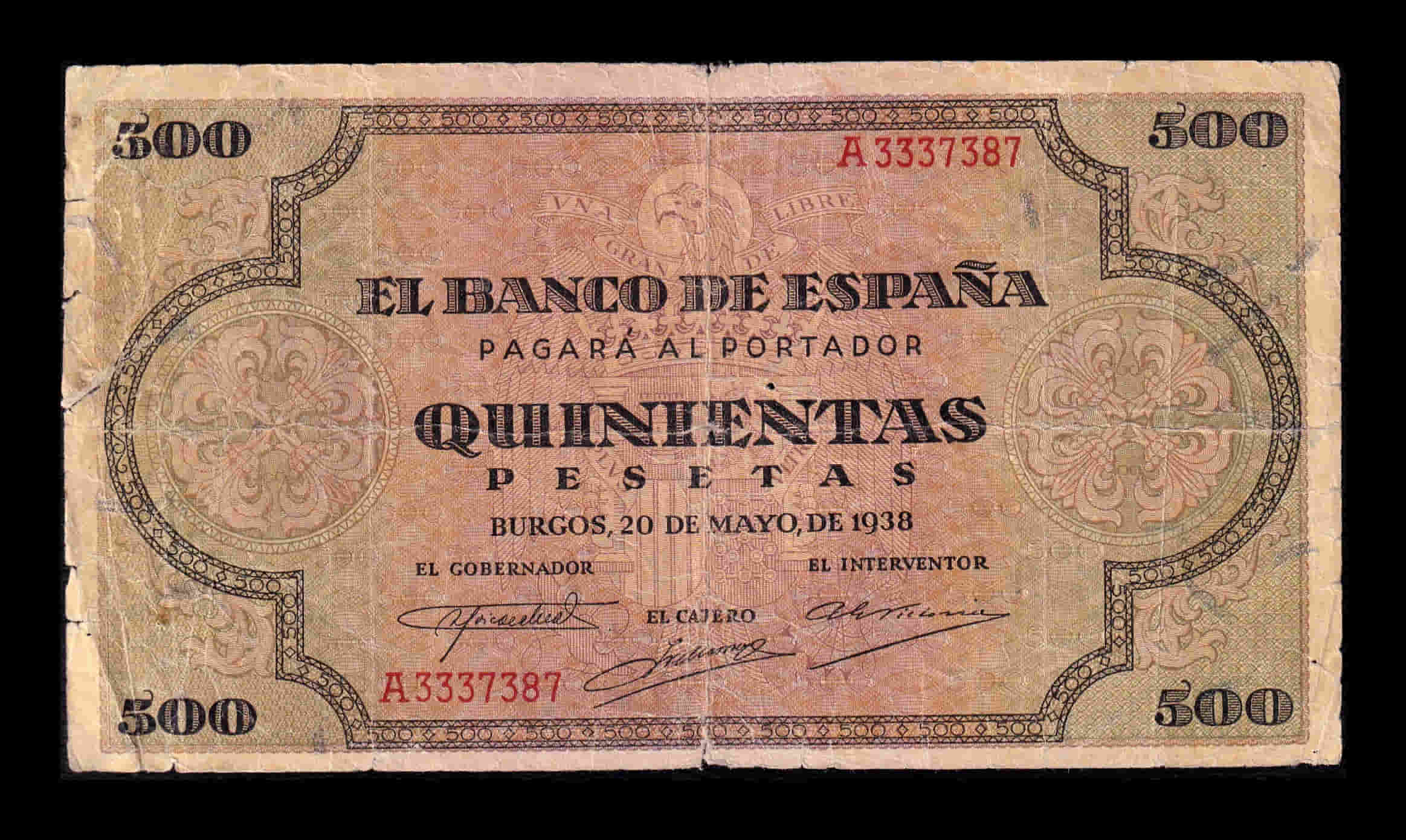 España 500 Pesetas Burgos 1938 Pick 114 Serie A Bc F