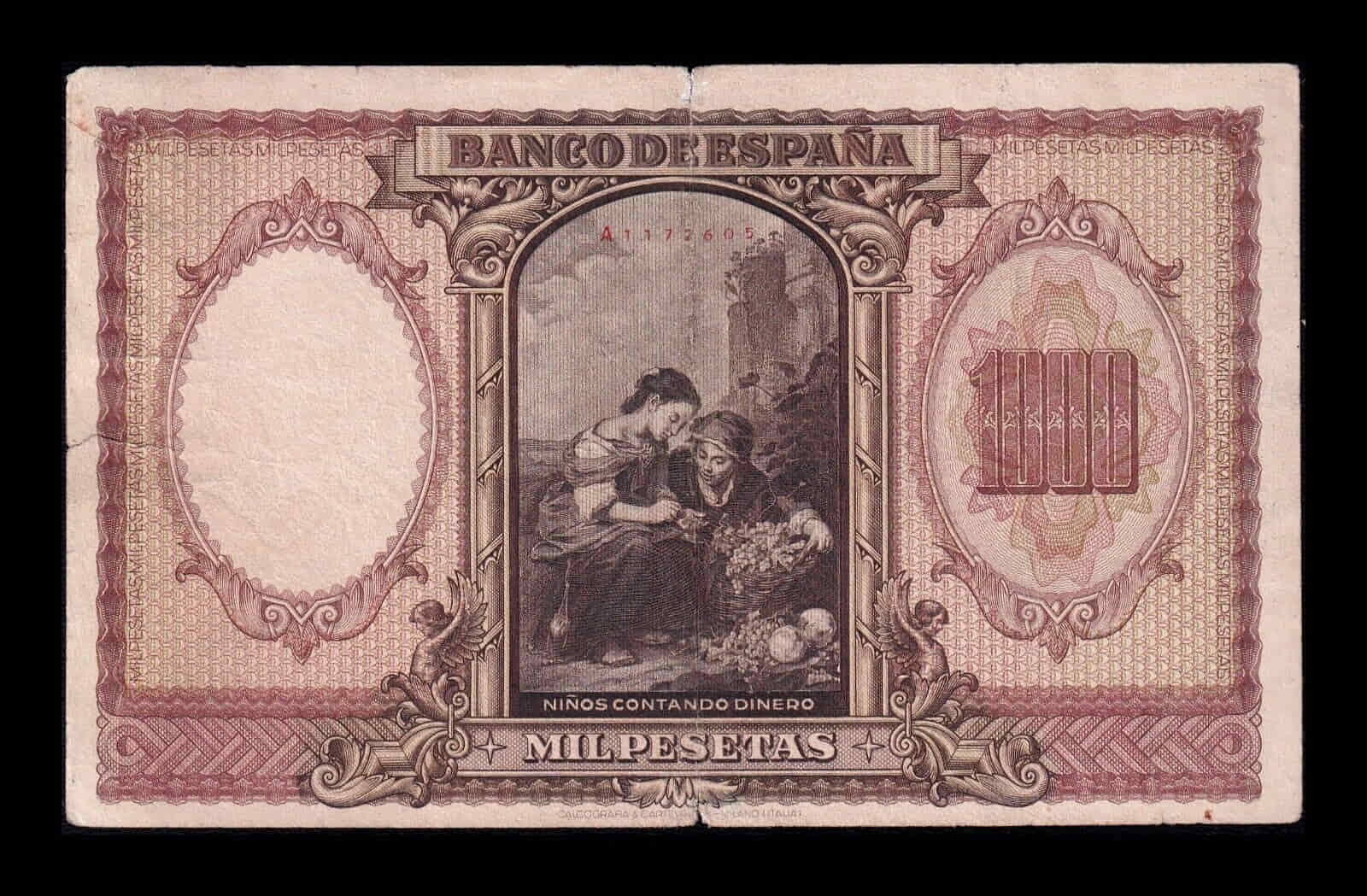 Alternative view of España 1000 Pesetas Bartolome Murillo 1940 Pick 120 Serie A Bc/Mbc F/Vf