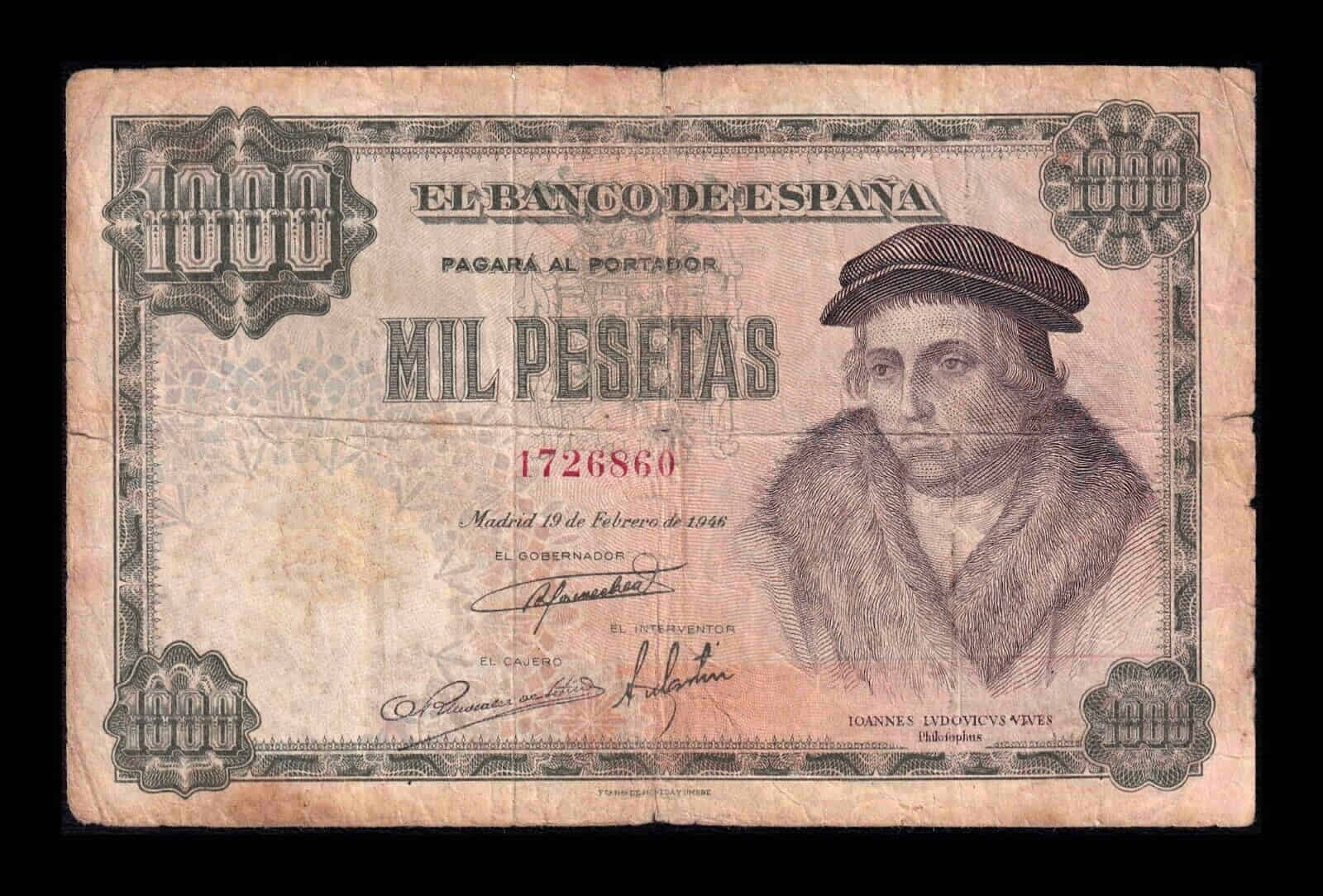 España 1000 Pesetas Luis Vives 1946 Pick 133 Sin Serie Bc F