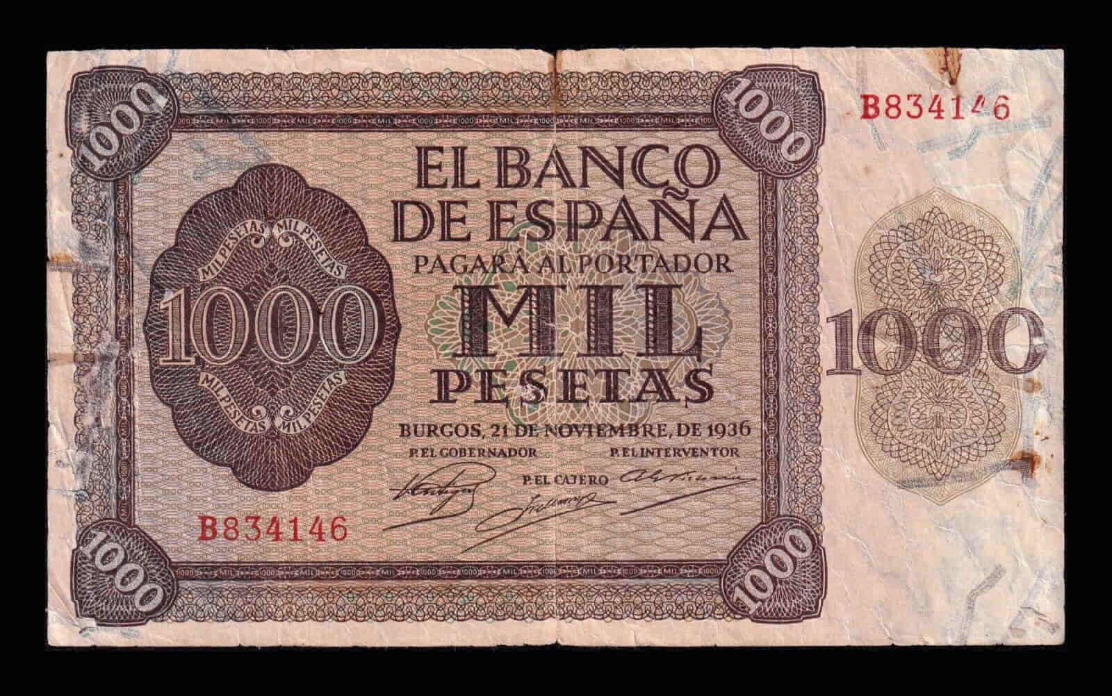 España 1000 Pesetas Burgos 1936 Pick 103 Serie B Bc/+ F/+