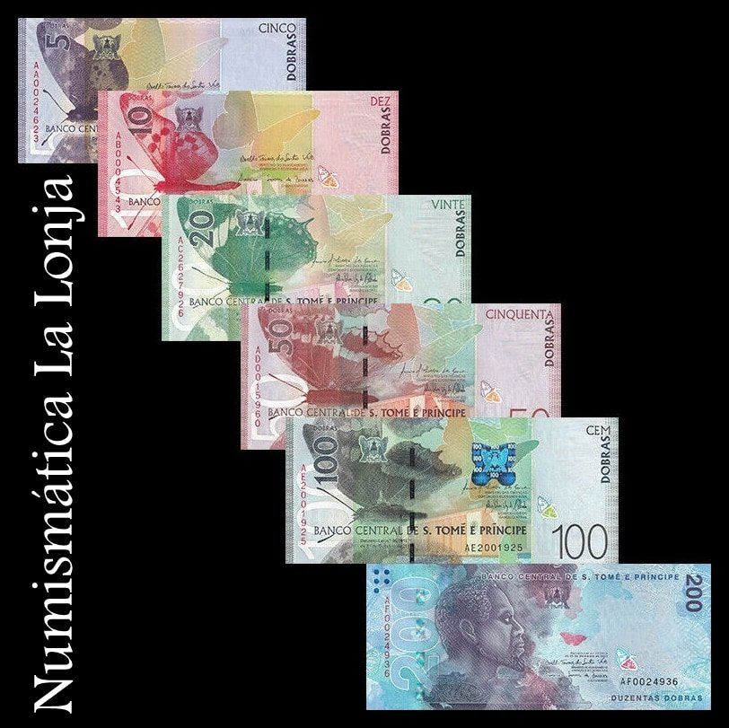 Santo Tomé y Príncipe Set completo 5 10 20 50 100 200 Dobras 2016-2020 Pick 72-81 Sc Unc