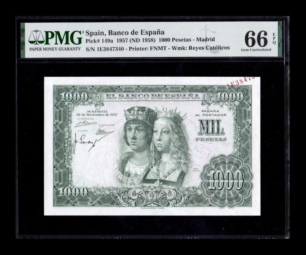 España Error 1000 Pesetas Reyes Católicos 1957 Pick 149a PMG 66 EPQ Sc Unc