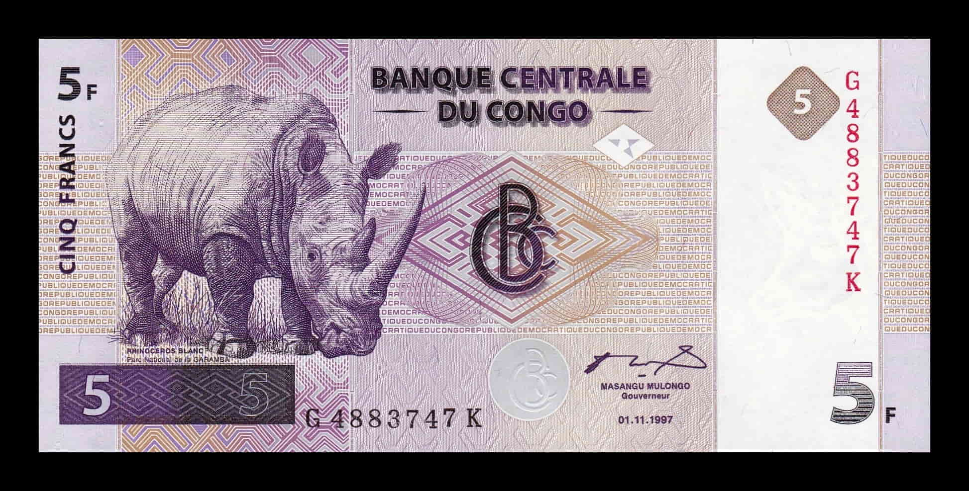Congo República Democrática 5 Francos 1997 Pick 86A Sc- aUnc