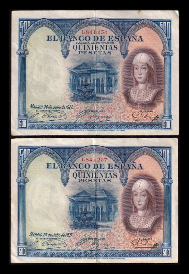 España Pareja 500 Pesetas Isabel La Católica 1927 Pick 73 Mbc Vf