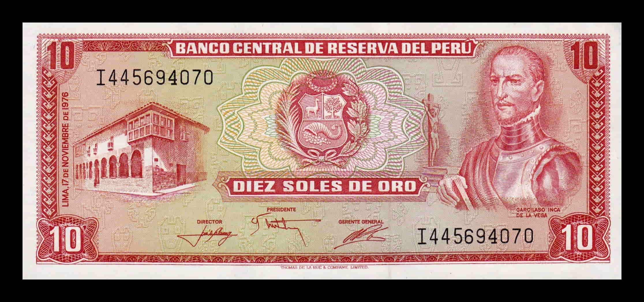 Perú 10 Soles de Oro Garcilaso de la Vega 1976 Pick 112 Sc Unc
