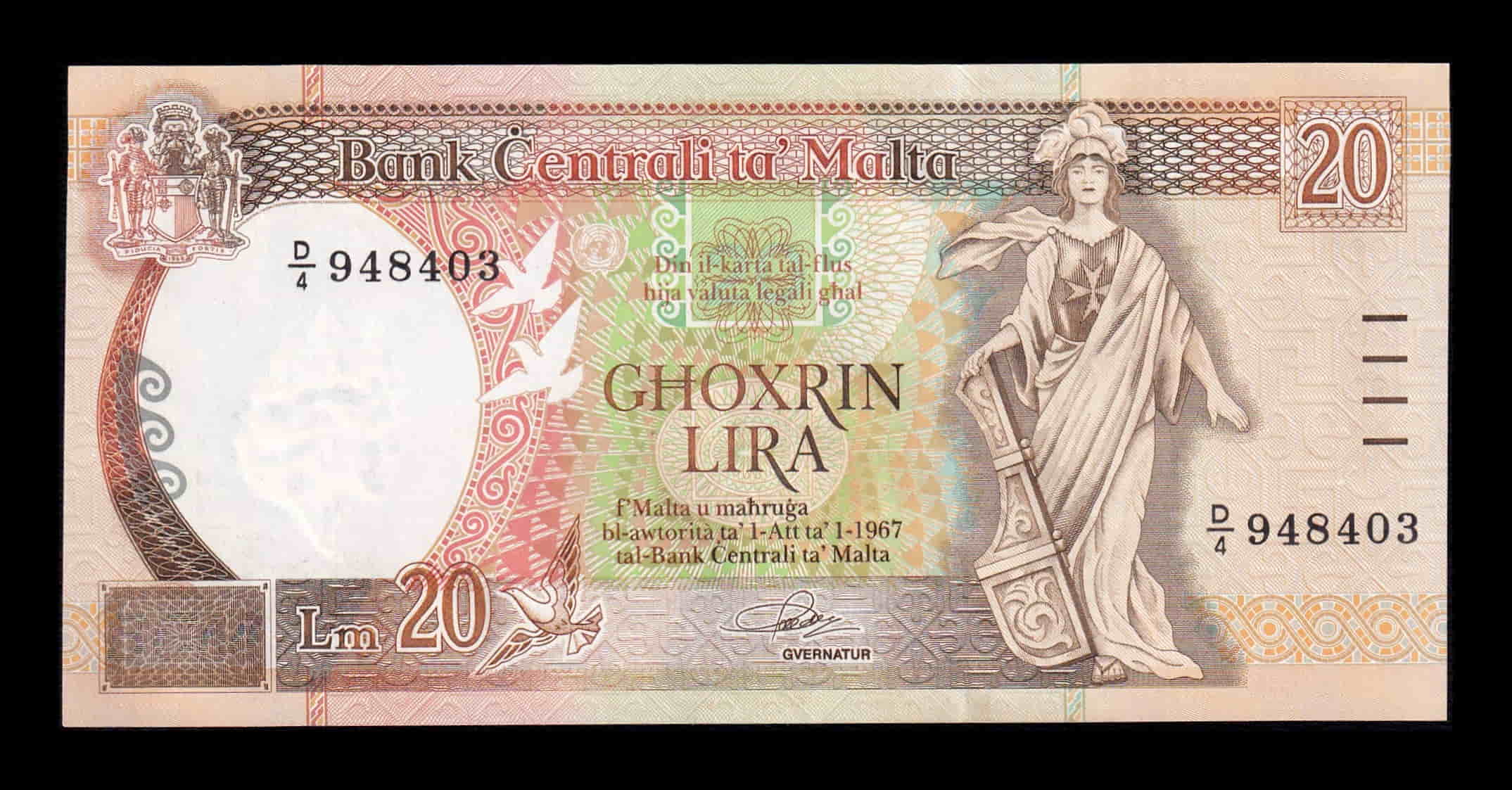 Malta 20 Liri 1967 (1989) Pick 44 Sc Unc