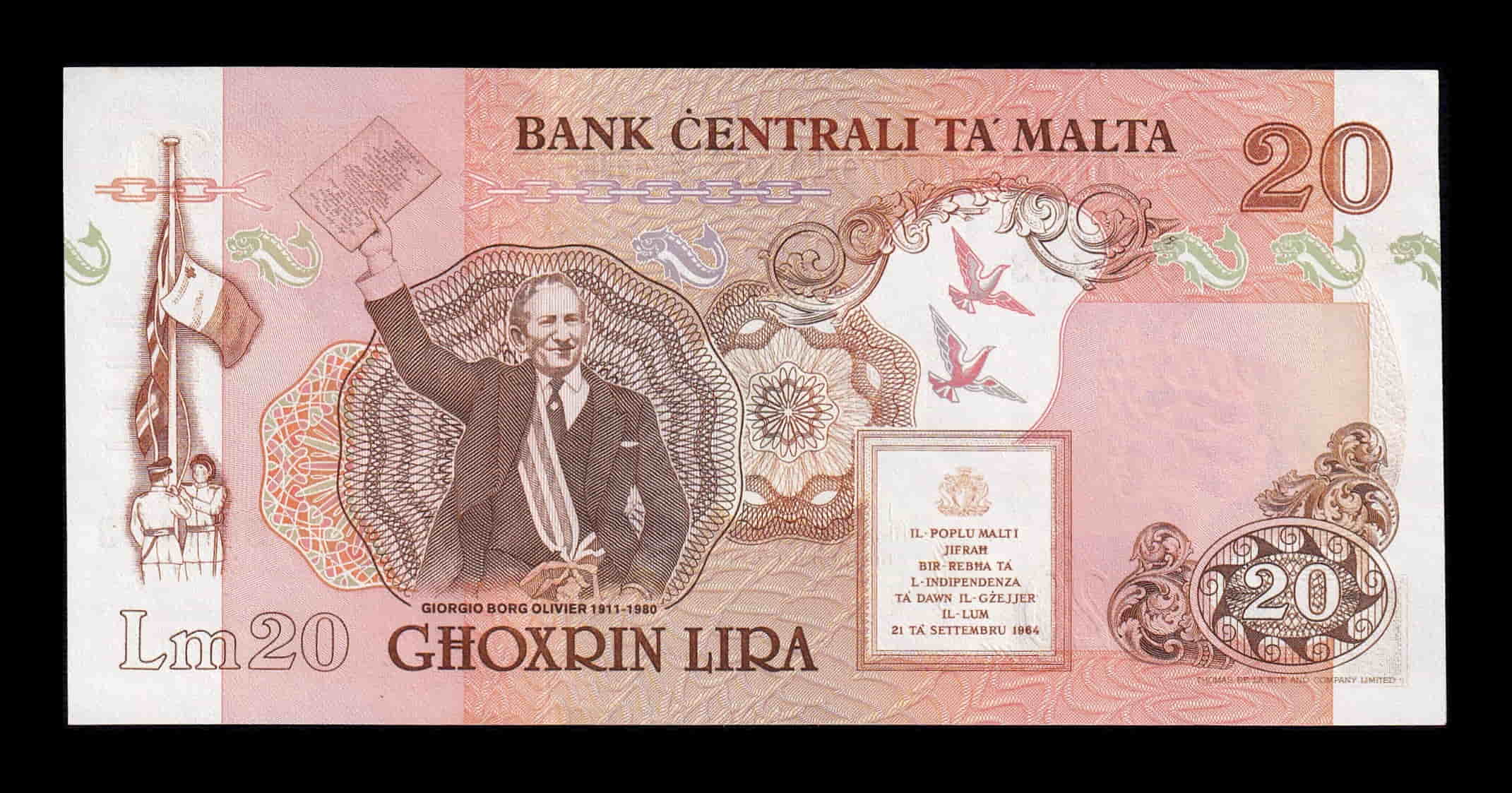 Alternative view of Malta 20 Liri 1967 (1989) Pick 44 Sc Unc