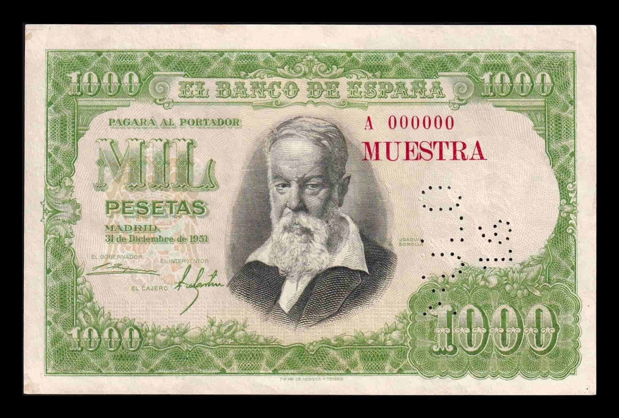 España 1000 Pesetas Joaquín Sorolla 1951 Pick 143s Specimen Sc- aUnc