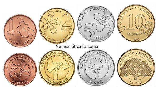 Argentina Set 4 monedas 1 2 5 10 Pesos Árboles 2017-2020 Km 186-189 Sc Unc