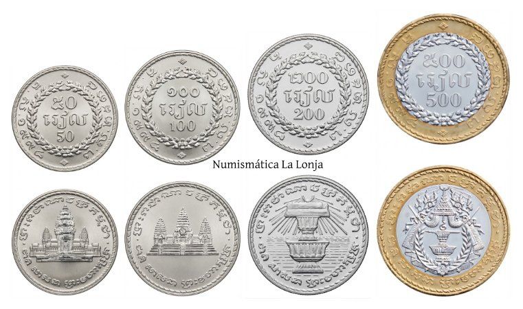 Camboya Set completo 4 monedas 50 100 200 500 Riels 1994 Km 92-95 Sc Unc