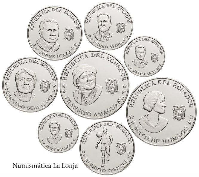 Ecuador Set 8 monedas 5 10 10 25 25 25 50 50 Centavos Personajes Históricos 2023 Km 131-138 Sc Unc
