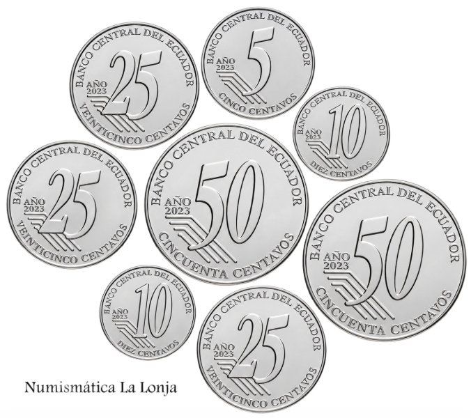 Alternative view of Ecuador Set 8 monedas 5 10 10 25 25 25 50 50 Centavos Personajes Históricos 2023 Km 131-138 Sc Unc