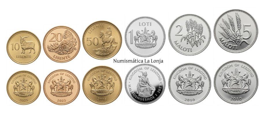 Lesoto Set 6 monedas 10 20 50 Lisente 1 Loti 2 5 Maloti 2010-2023 Km 58-66 Sc Unc