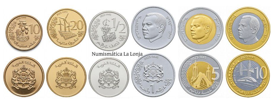 Marruecos Set 6 monedas 10 20 Céntimos 1/2 1 5 10 Dirhams 2023 Y# Nuevo Sc Unc