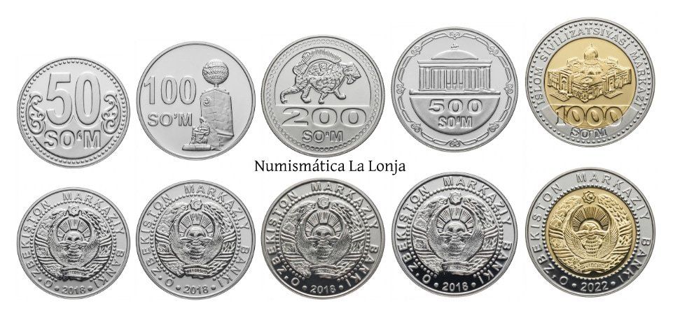 Uzbekistán Set 5 monedas 50 100 200 500 1000 Som 2018-2022 Km 36-40 Sc Unc