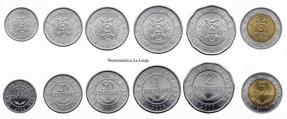 Bolivia Set 6 monedas 10 20 50 Centavos 1 2 5 Bolivianos 2012-2025 Km Nuevo 215 216 217 218 224 Sc Unc
