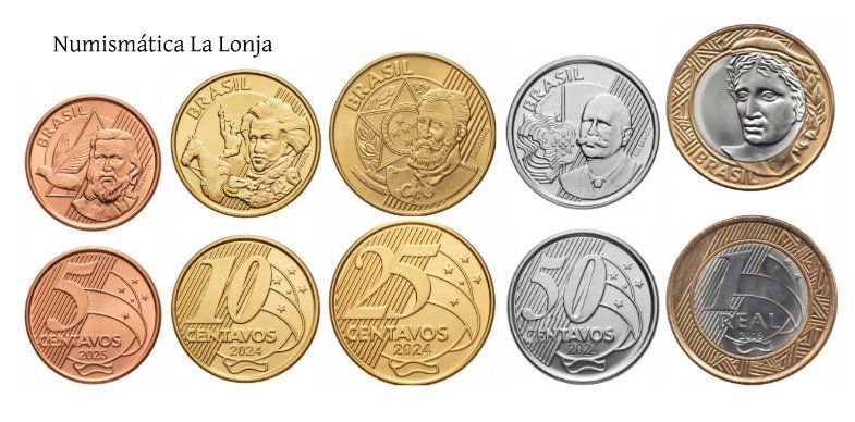 Brasil Set 5 monedas 5 10 25 50 Centavos 1 Real 2019-2025 Km 648 649 650 651 652a Sc Unc