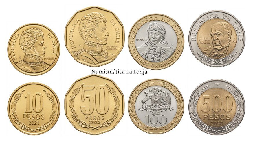 Chile Set 4 monedas 10 50 100 500 Pesos 2021-2023 Km 219.2-236 Sc Unc