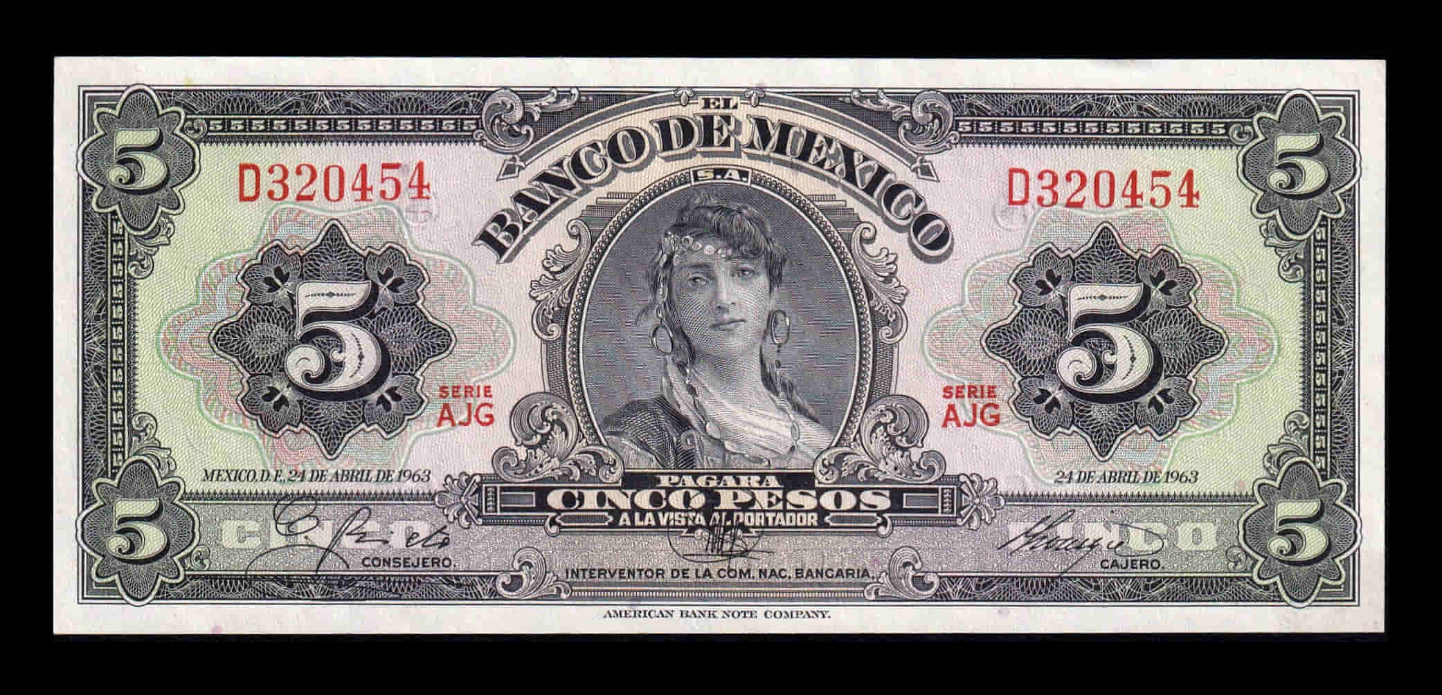México 5 Pesos 1963 Pick 60h Serie AJG Sc Unc