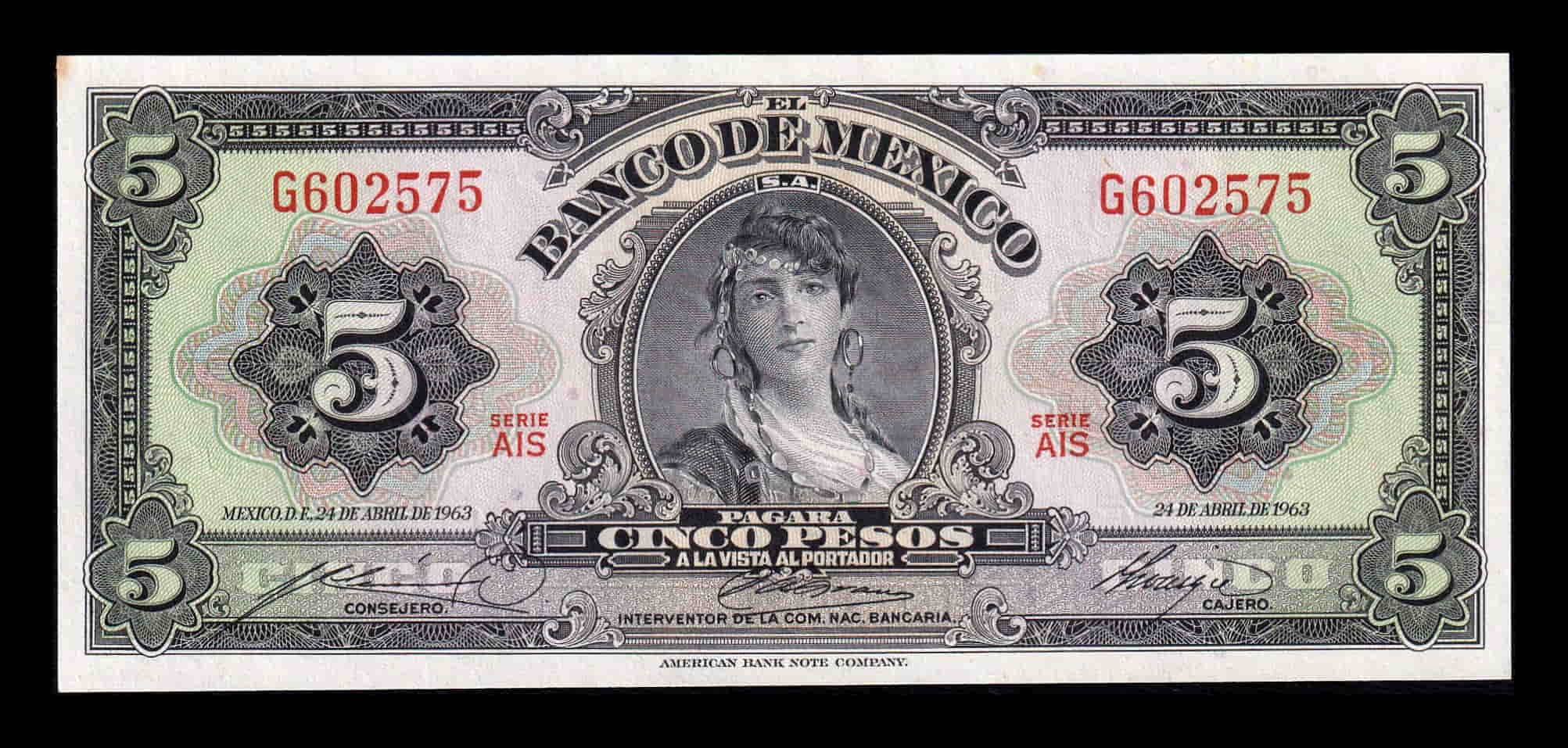 México 5 Pesos 1963 Pick 60h Serie AIS Sc Unc