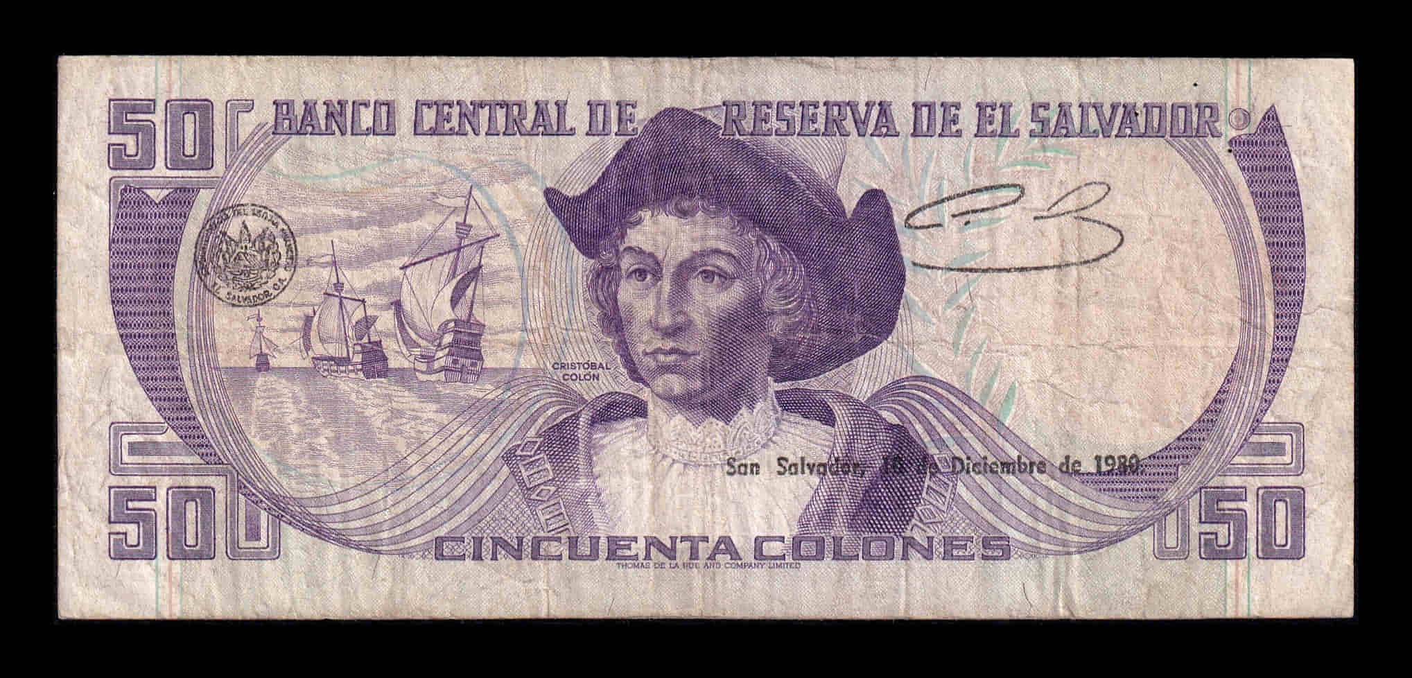 Alternative view of El Salvador 50 Colones 1980 Pick 131b(2) Bc/Mbc F/Vf