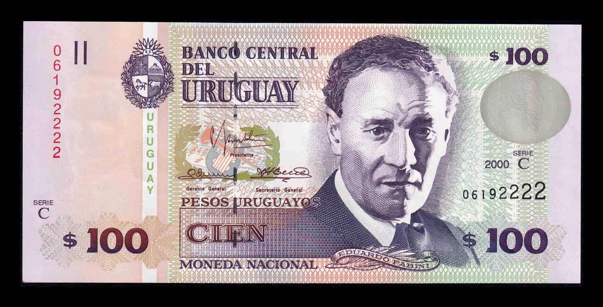 Uruguay 100 Pesos Uruguayos Eduardo Fabini 2000 Pick 76c Serie C Sc Unc