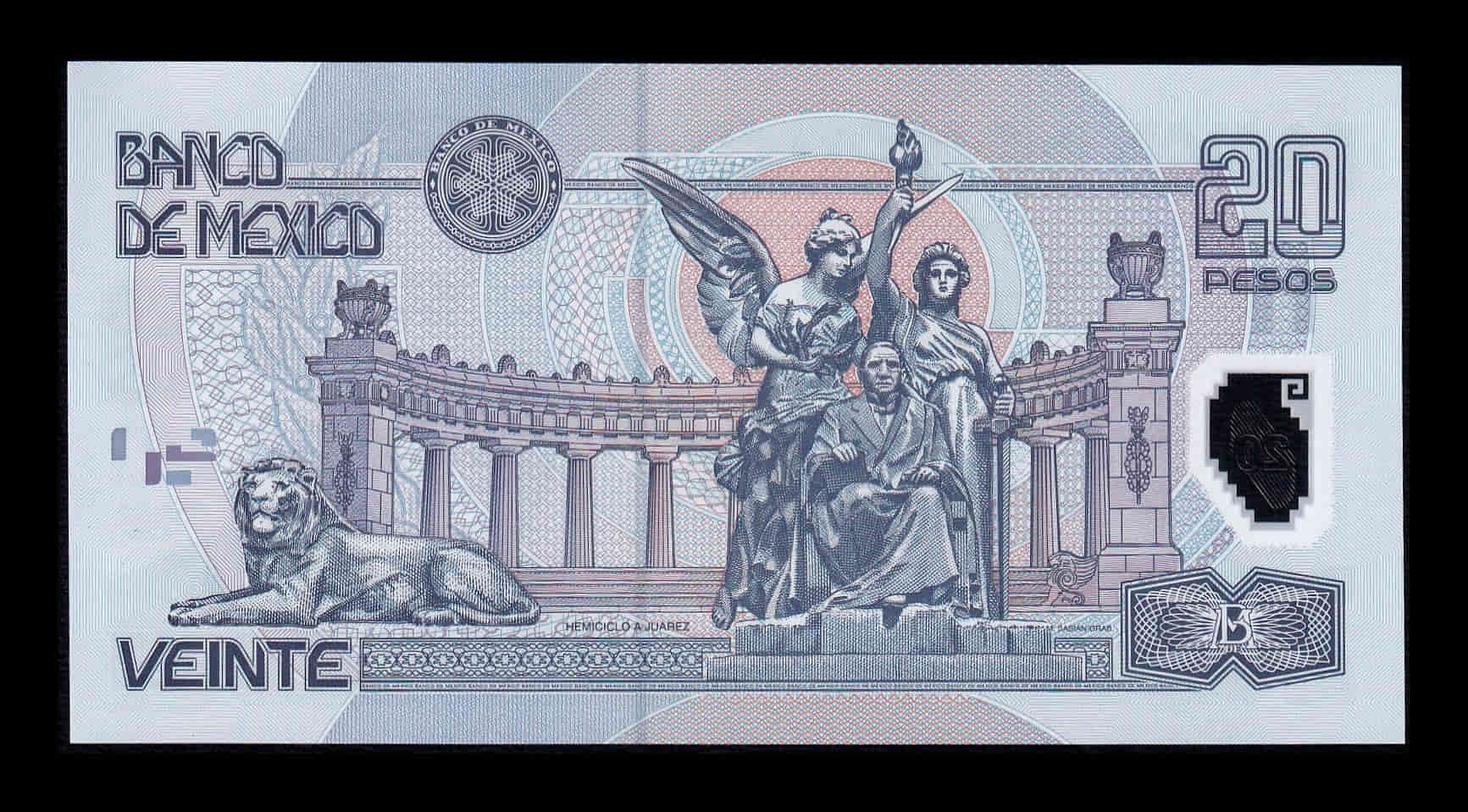 Alternative view of México 20 Pesos Benito Juárez 2001 Pick 116a(3) Serie E Polímero Sc Unc