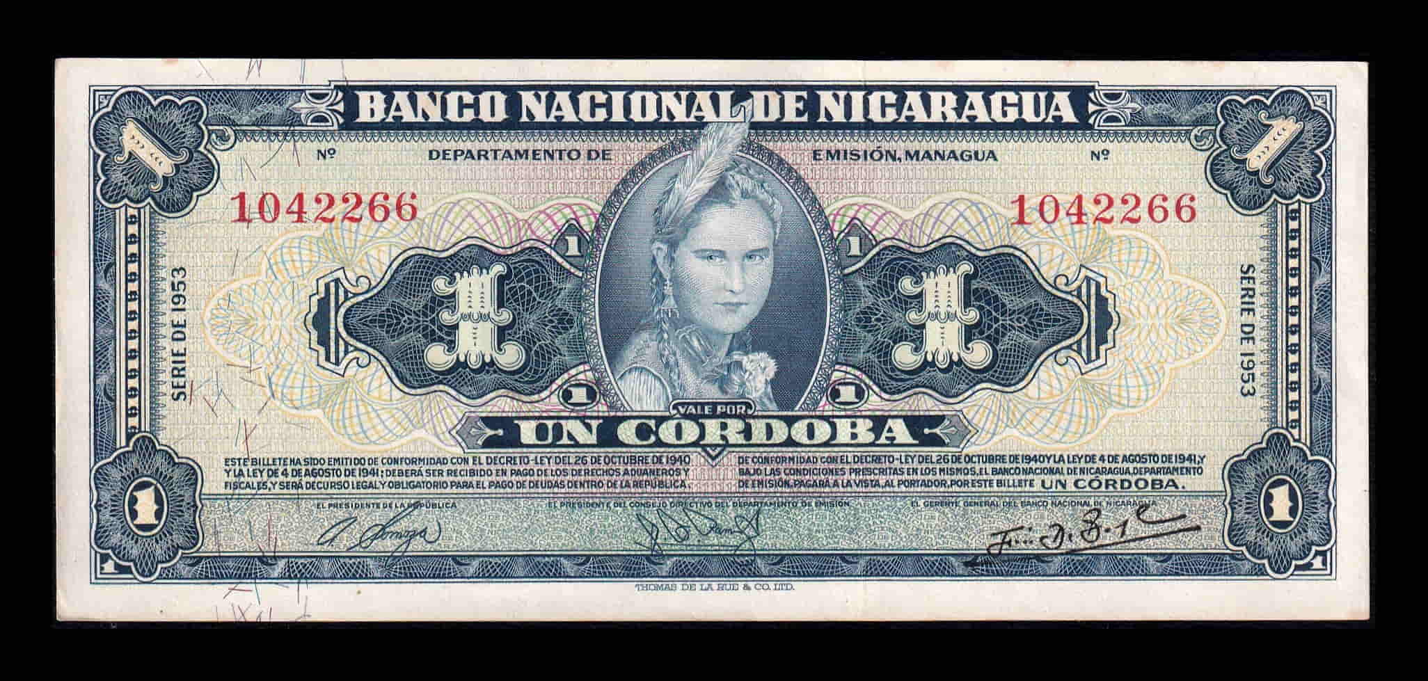 Nicaragua 1 Córdoba 1953 Pick 99a Ebc Xf
