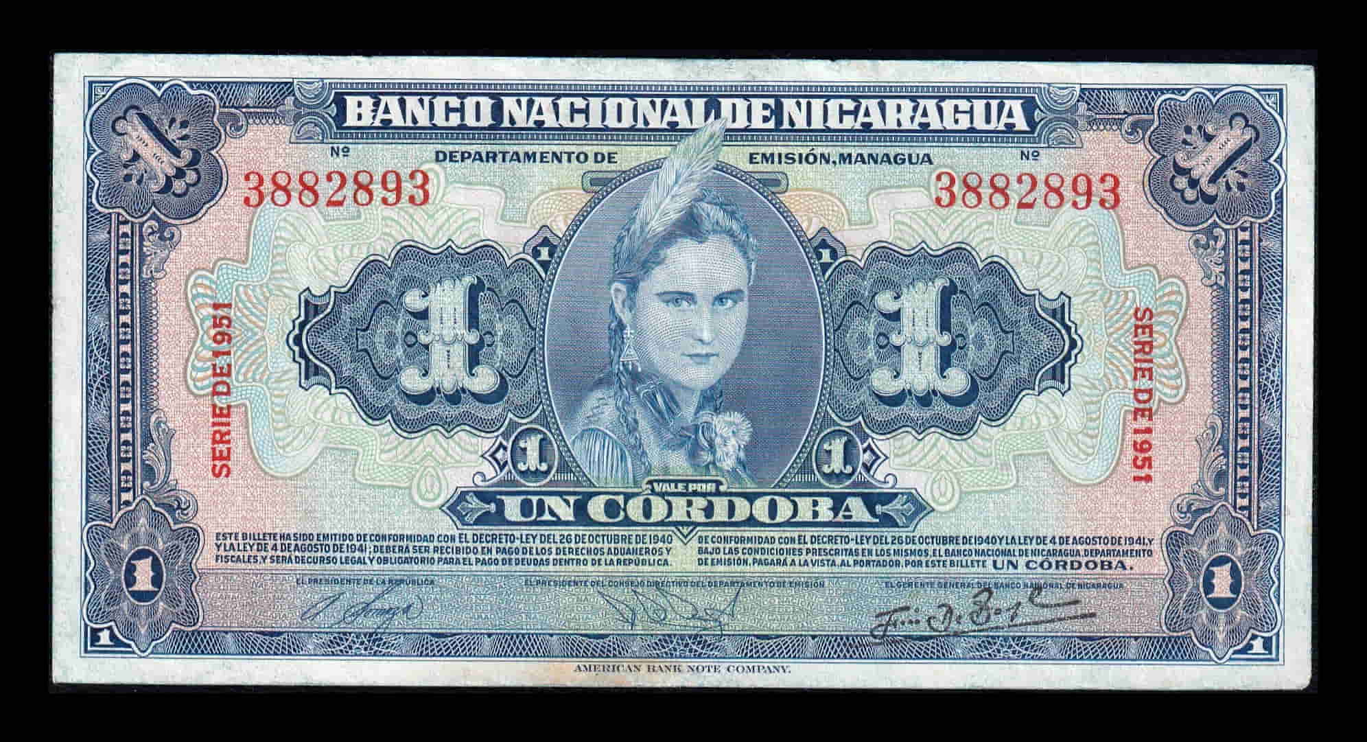 Nicaragua 1 Córdoba 1951 Pick 91b Mbc Vf