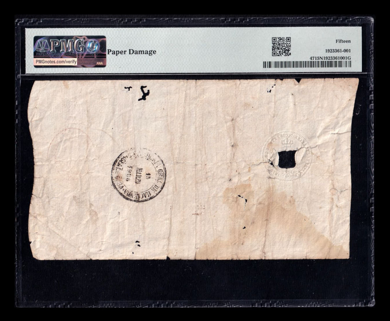 Alternative view of España Emisión de Ultramar República Dominicana 1/2 Peso Fuerte 1862 Pick 47 Serie A PMG 15