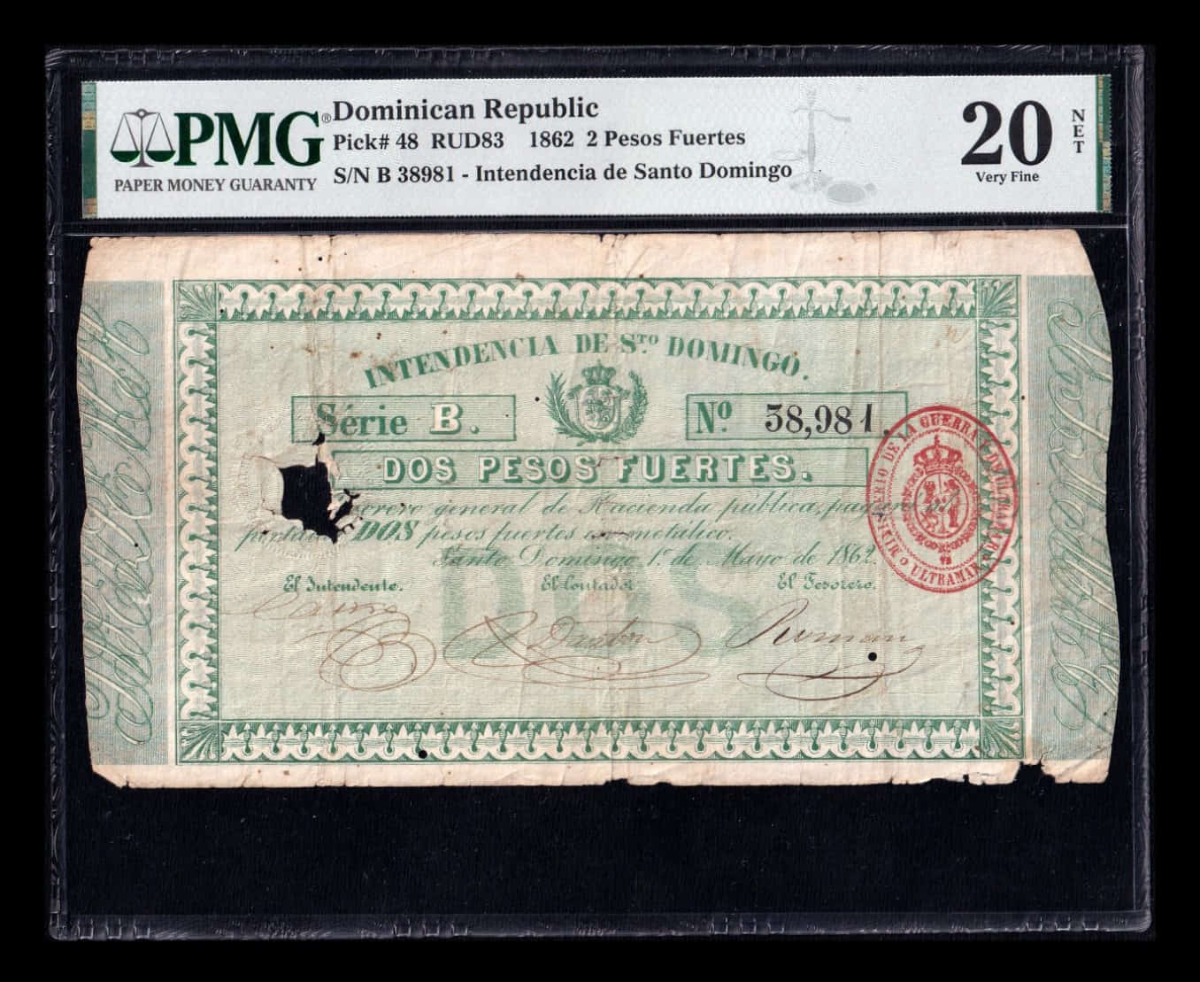 España Emisión de Ultramar República Dominicana 2 Pesos Fuertes 1862 Pick 48 Serie B PMG 20
